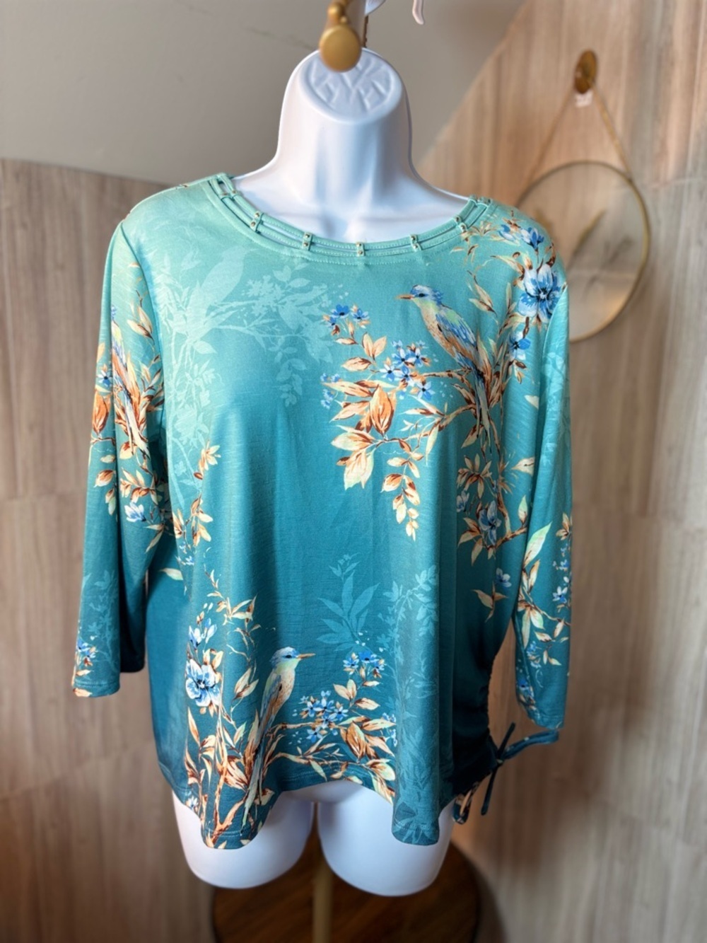 Alfred Dunner Teal Floral & Bird Boatneck Long Sleeve Top
